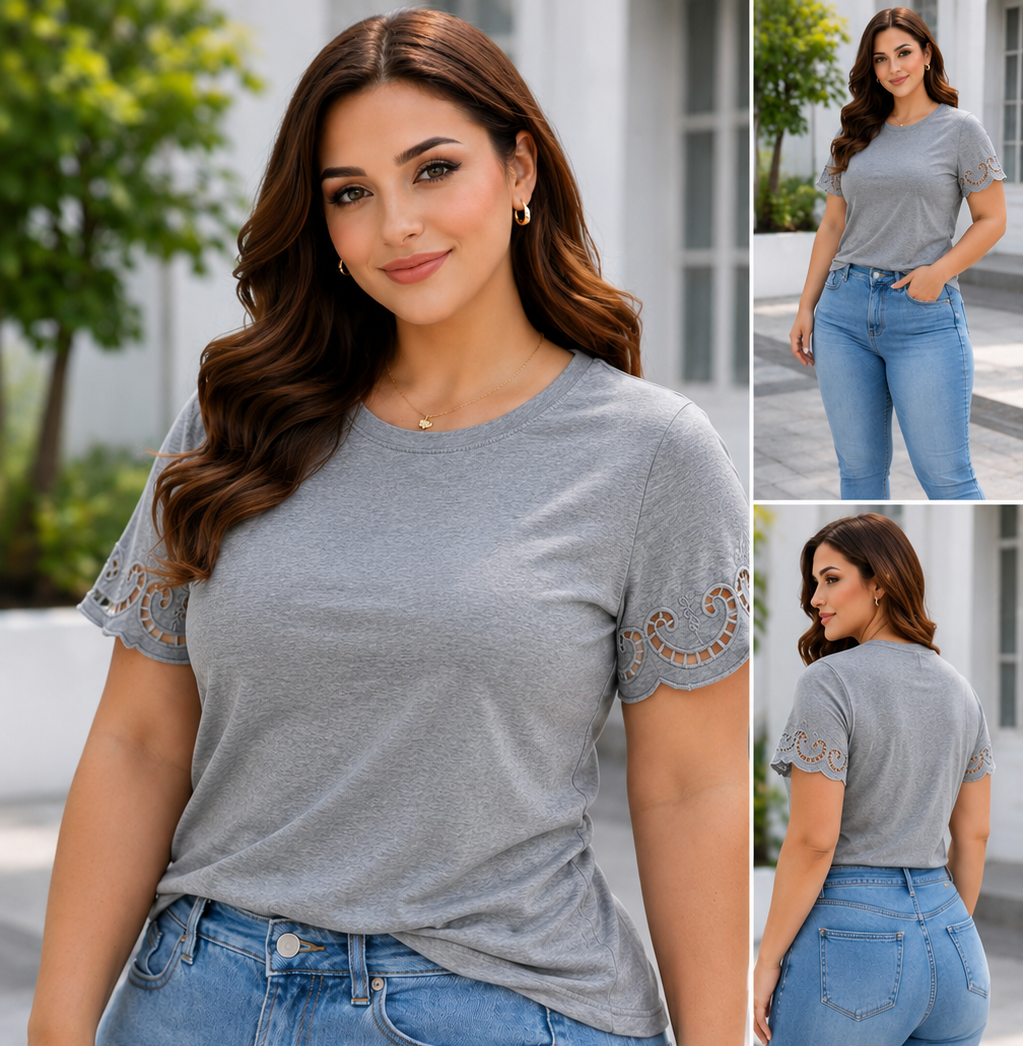 Blusa de Malha Rendada nas Mangas